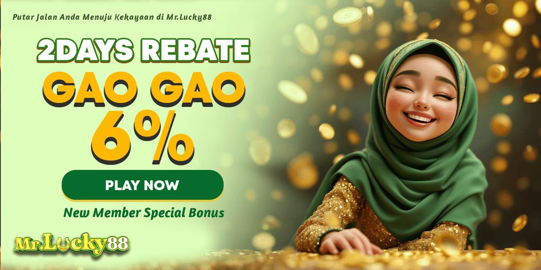 Green banner announcing the two day rebate at six percent with smiling woman and gold coins - mrlucky-88.my