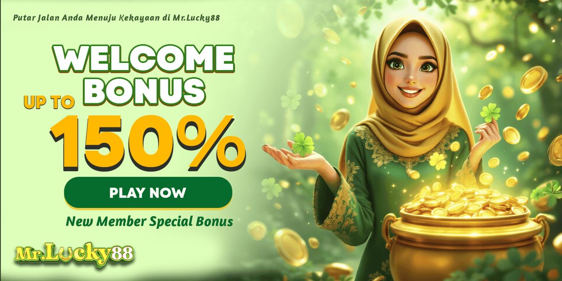 Green welcome bonus banner displaying woman in kebaya with gold pot for Mr.Lucky88 - mrlucky-88.my